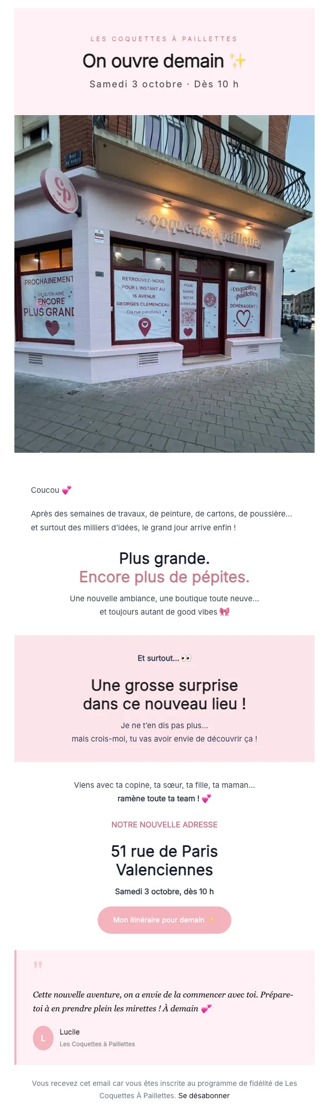 Newsletter réelle des Coquettes à Paillettes invitant à l’ouverture de la boutique