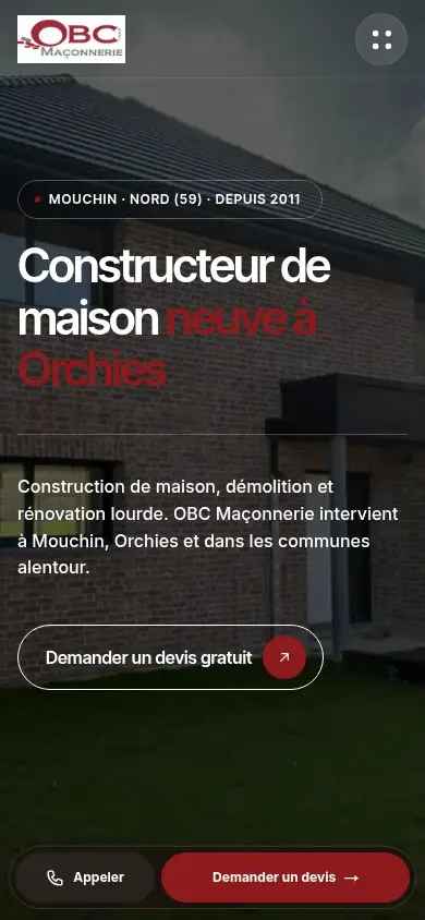 Le site sur téléphone · capture réelle du site OBC Maçonnerie