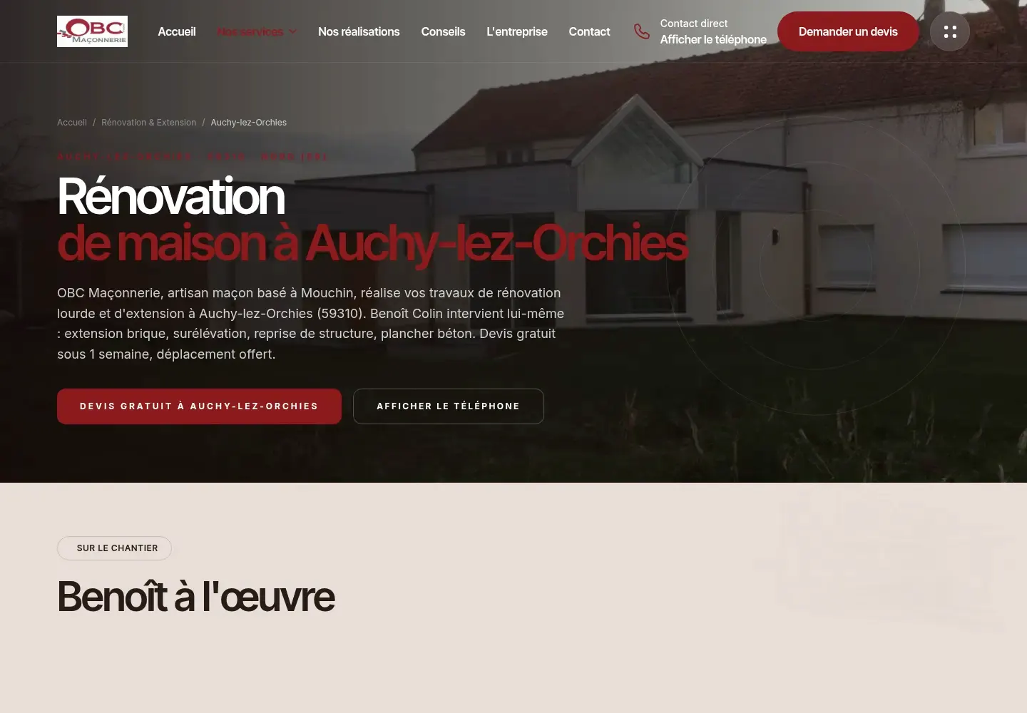Une fiche chantier · capture réelle du site OBC Maçonnerie