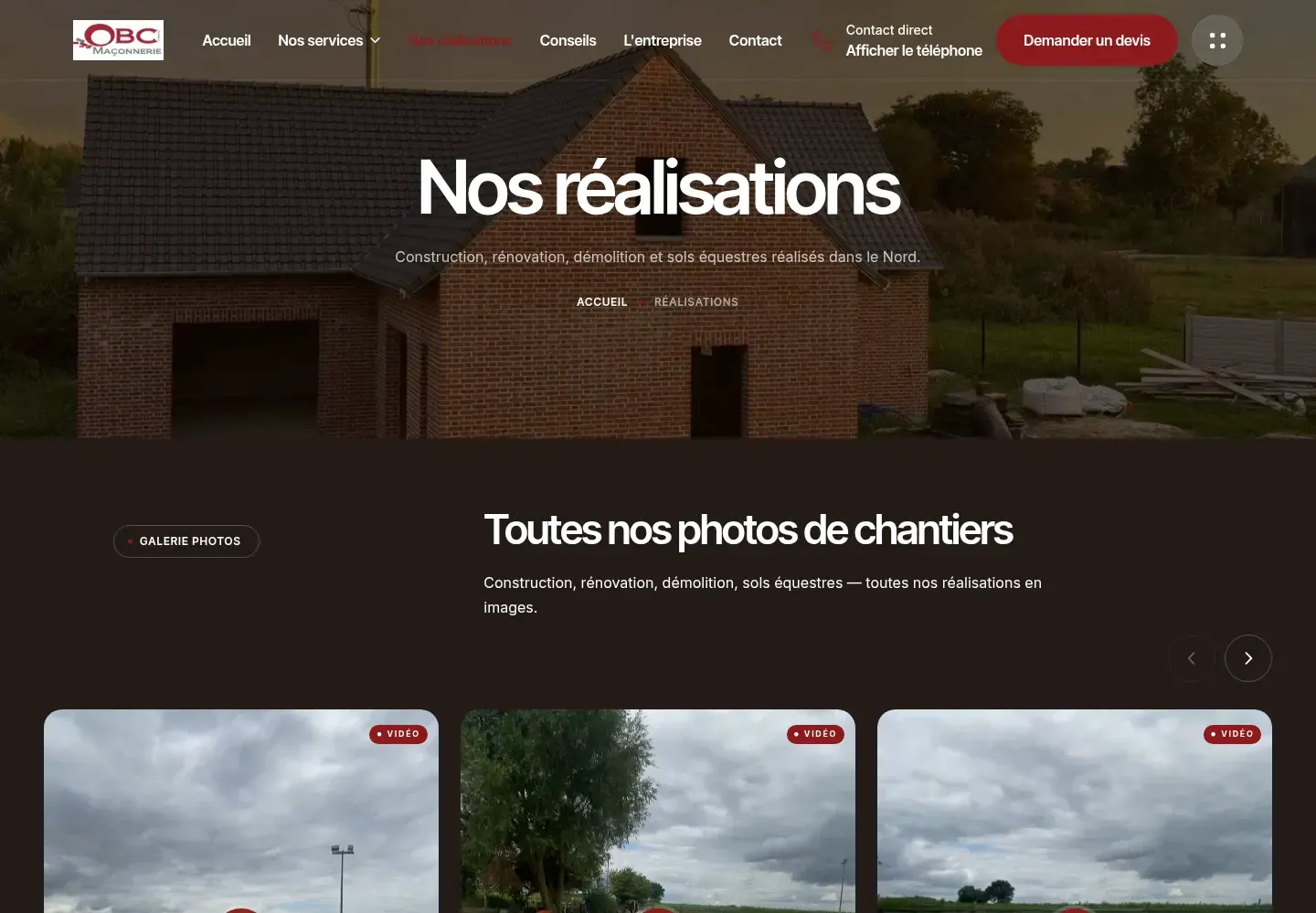 Les réalisations · capture réelle du site OBC Maçonnerie